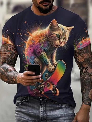 Funny and quirky animal cat pattern short-sleeved t-shirt for men, oversized casual t-shirt for summer, fitness and leisure wear for men, printed shirt in large size