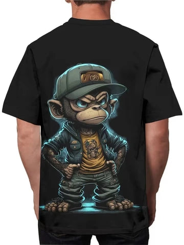 Hip-hop monkey print, men's flat design round-neck trendy t-shirt, summer casual and comfortable t-shirt, daily resort wear men's jacket