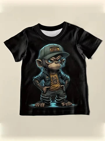 Hip-hop monkey print, men's flat design round-neck trendy t-shirt, summer casual and comfortable t-shirt, daily resort wear men's jacket