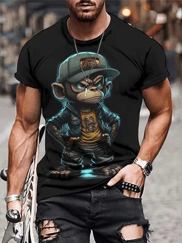 Hip-hop monkey print, men's flat design round-neck trendy t-shirt, summer casual and comfortable t-shirt, daily resort wear men's jacket