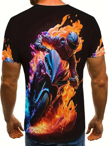 3D motion motorcycle pattern short-sleeved t-shirt for men, oversized casual t-shirt for summer, fitness and leisure wear for men, printed shirt, extra-large size