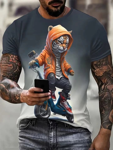 Men's large-sized fashionable t-shirt with 3D cartoon print. Ideal for casual sports wear. Elastic fabric, round neck, short sleeves. Perfect choice for summer. Large size.