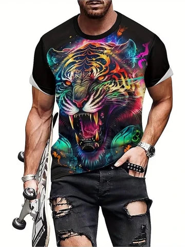 National style men's animal tiger 3D printed short-sleeved T-shirt for vacation, travel, and casual wear. Splashed ink design. Breathable and comfortable fabric. Umeda style. Fun geometric patterns.