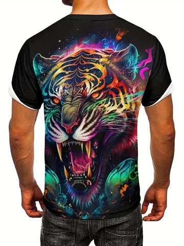 National style men's animal tiger 3D printed short-sleeved T-shirt for vacation, travel, and casual wear. Splashed ink design. Breathable and comfortable fabric. Umeda style. Fun geometric patterns.