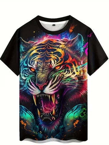 National style men's animal tiger 3D printed short-sleeved T-shirt for vacation, travel, and casual wear. Splashed ink design. Breathable and comfortable fabric. Umeda style. Fun geometric patterns.